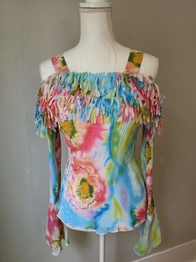 Vintage Carrie Allen Tie-Dye Fringe Off-Shoulder Women's Top - Multicolor